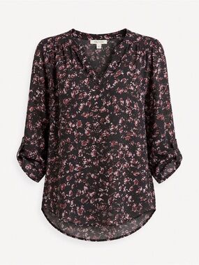 Maurices Black Floral Split-Neck Blouse with Pink Accents